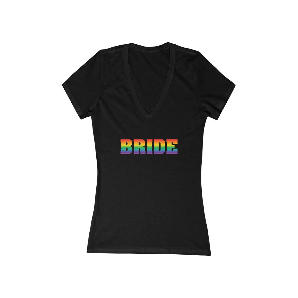 LGBTQ+ Wedding Day Black Fitted V-Neck Tshirt with BRIDE in Rainbow Pride Colored Block Letters