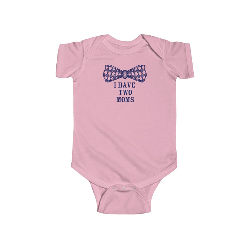Pink Infant Bodysuit with Checkered Bowtie - I Have Two Moms in Blue Lettering