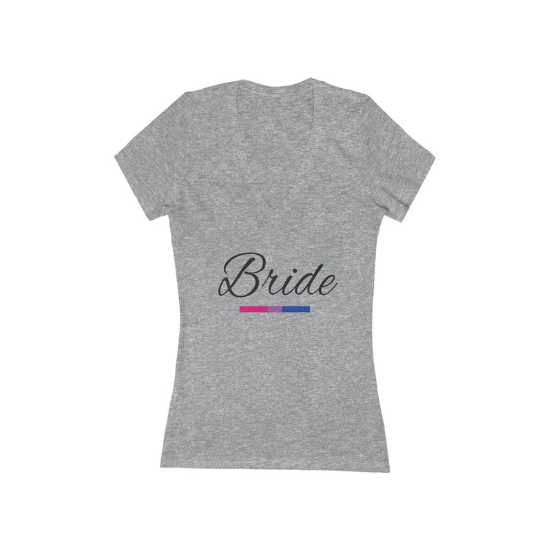 Wedding Day Athletic Heather Grey Fitted V-neck Tshirt with Bride in Black Cursive - Bi-sexual Pride Underline