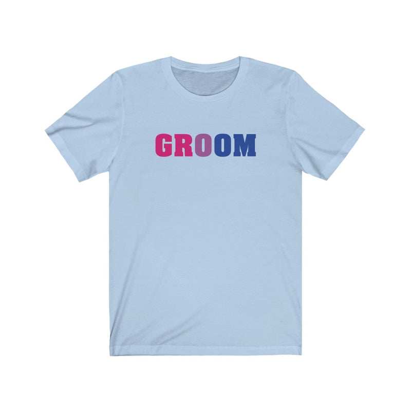 Wedding Day Baby Blue Crewneck Tshirt with GROOM in Bi-sexual Pride Colored Block Letters 