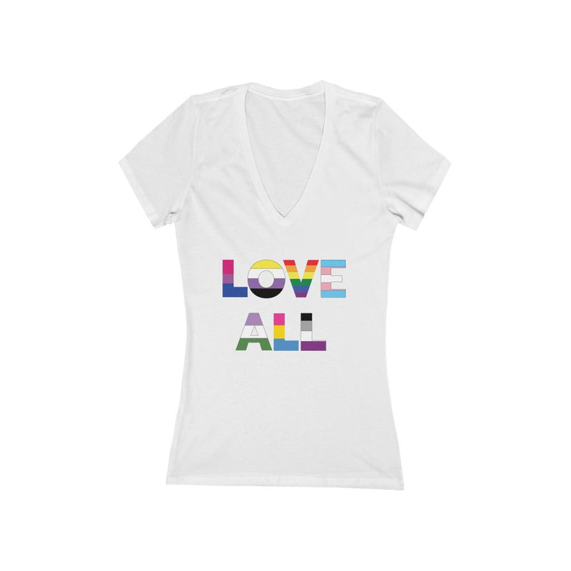 White V-Neck Tshirt with Love All in LGBTQ+ Rainbow Block Letters