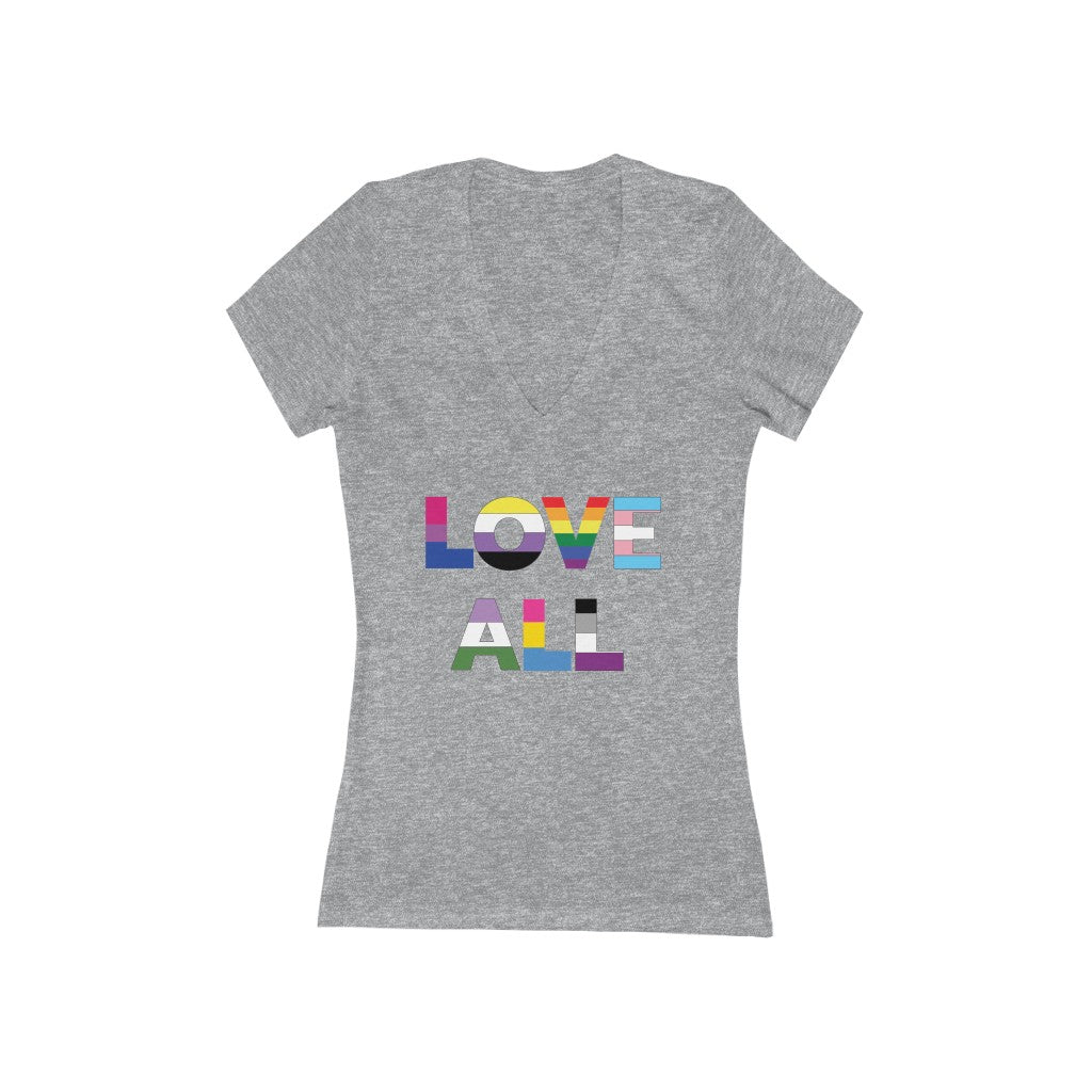 Athletic Heather Grey V-Neck Tshirt with Love All in LGBTQ+ Rainbow Block Letters