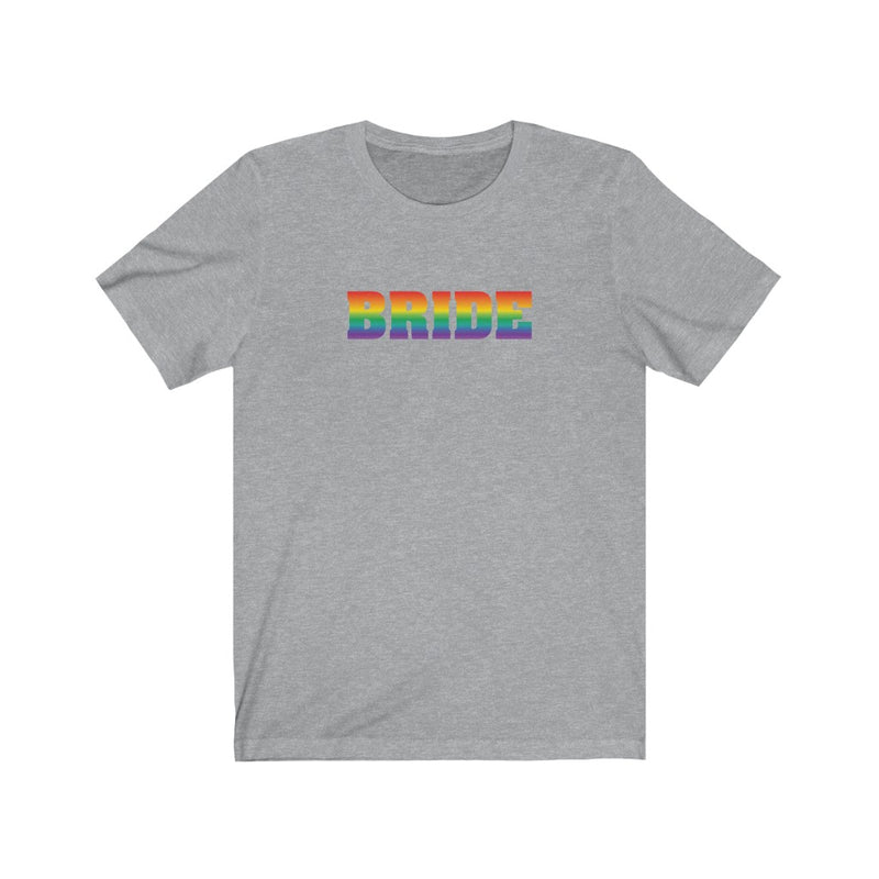 LGBTQ+ Wedding Day Athletic Heather Grey Crewneck Tshirt with BRIDE in Rainbow Pride Colored Block Letters