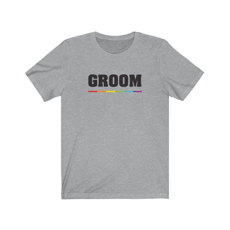 Wedding Day Athletic Heather Grey Crewneck Tshirt with GROOM in Black Block Letters - LGBTQ+ Rainbow Pride Underline