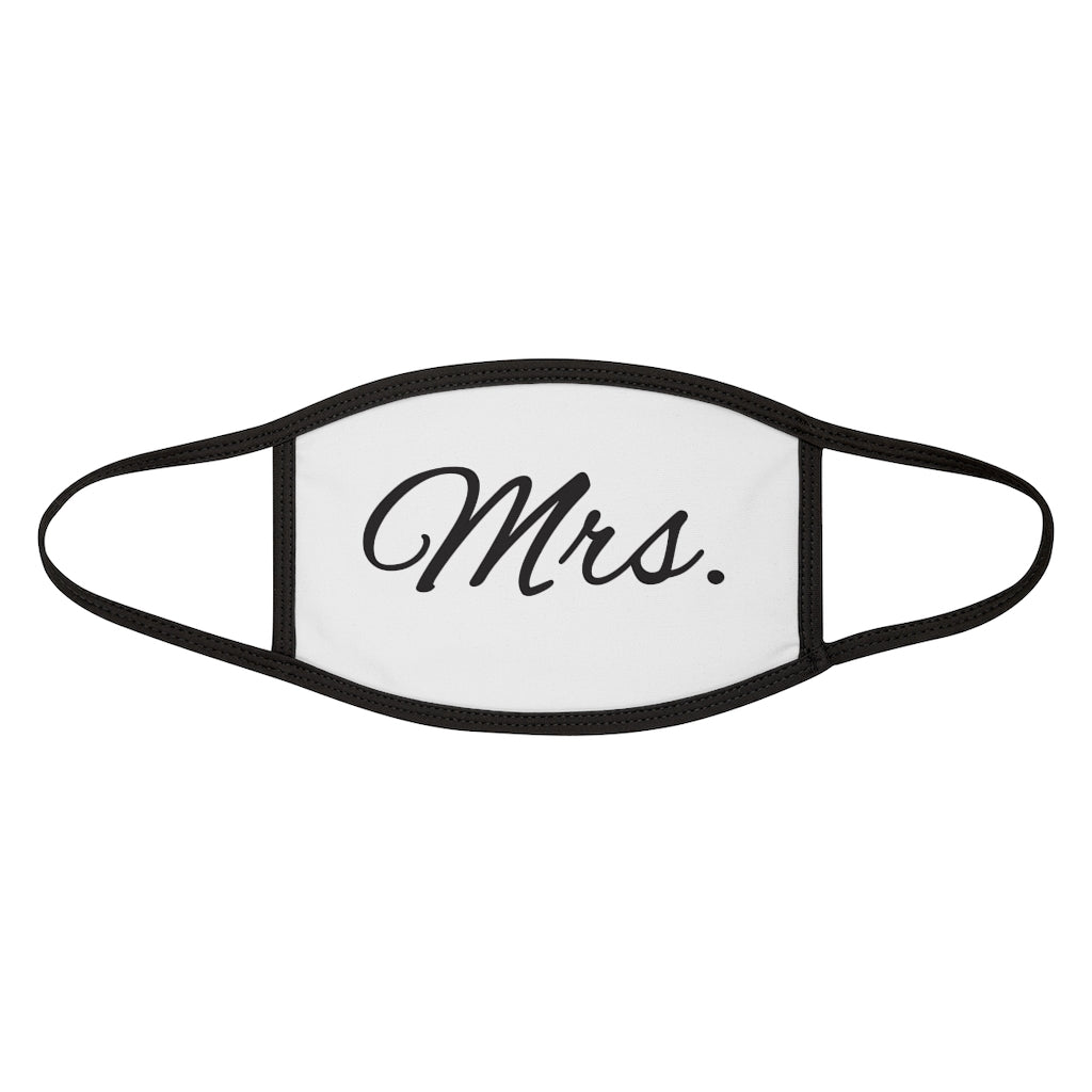 White Fabric Face Mask with Mrs in Black Cursive - Black Edges and Ear Loops