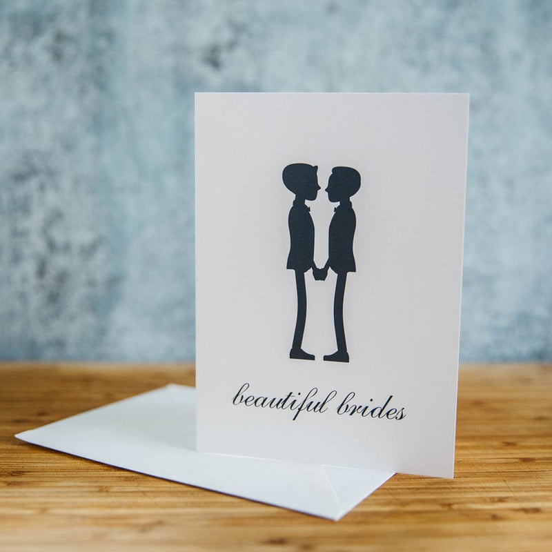 Black Silhouette of Two Beautiful Brides - Both in Suit with Short Hair  - White Background - LGBTQ+ Greeting Card
