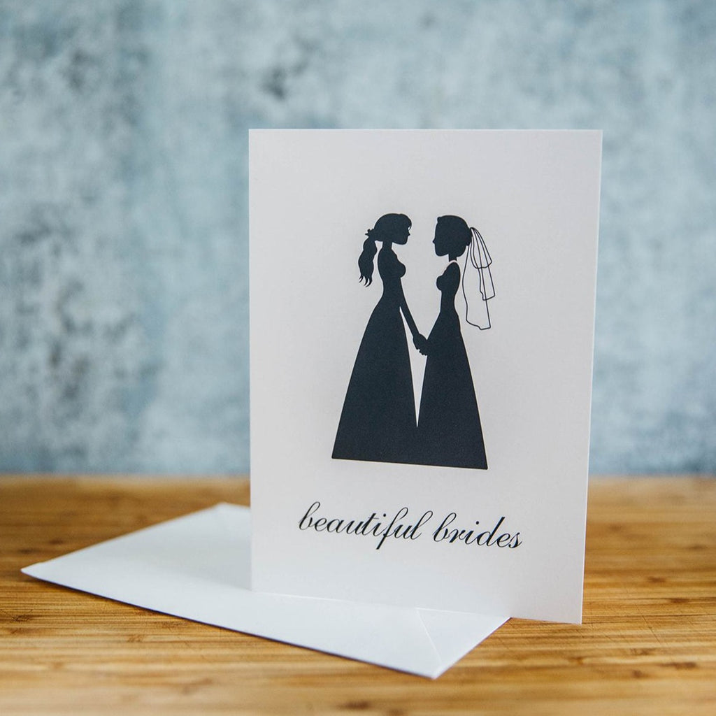 Black Silhouette of Two Beautiful Brides in Dresses - White Background - LGBTQ+ Greeting Card 