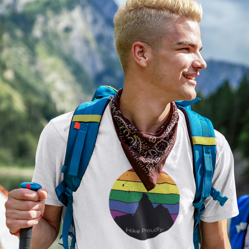 Hike Proudly Rainbow Mountain LGBTQ+ Tee - Person