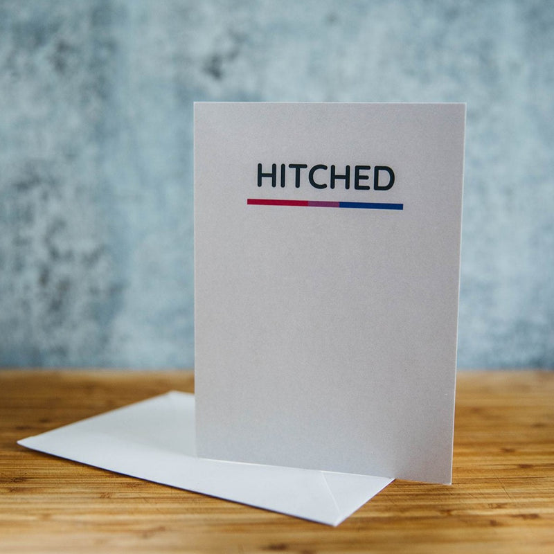 White Card with HITCHED in Black - Bi-Sexual Pride Underline - LGBT Wedding Greeting Card