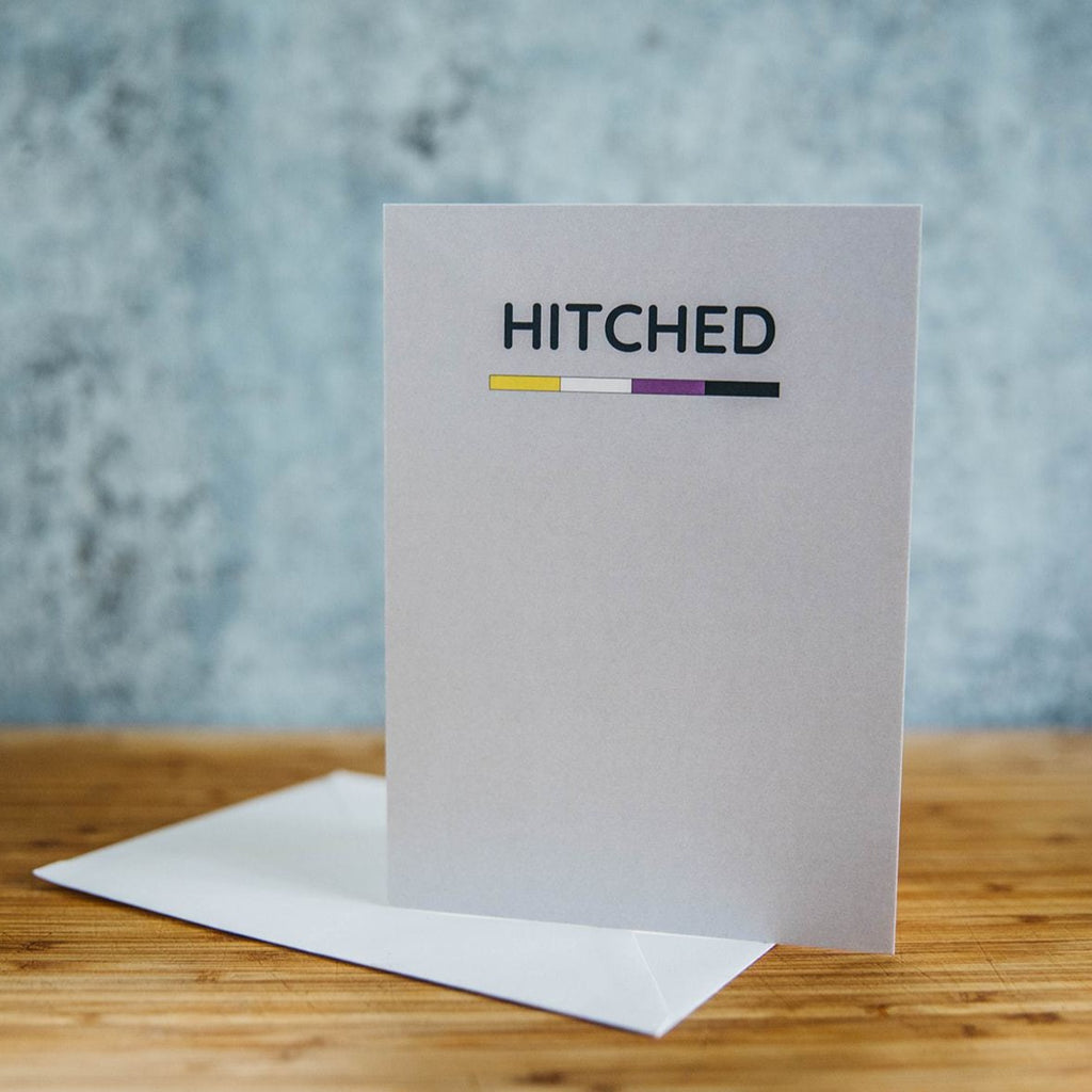 Hitched Non-Binary Pride Line LGBT Wedding Greeting Card