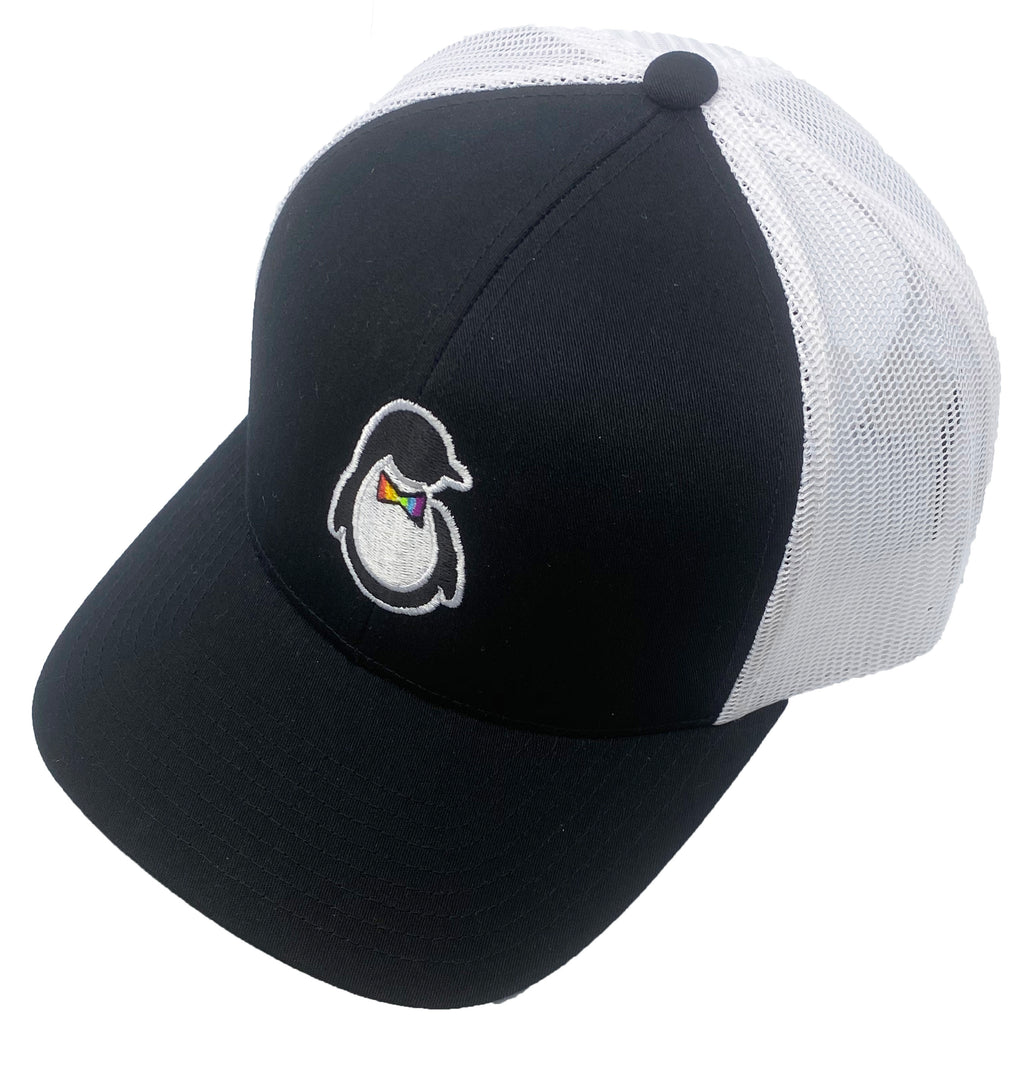Trucker Hat - Black Front Panel and Brim with Embroidered Dash of Pride Penguin Logo - White Mesh Back Panels