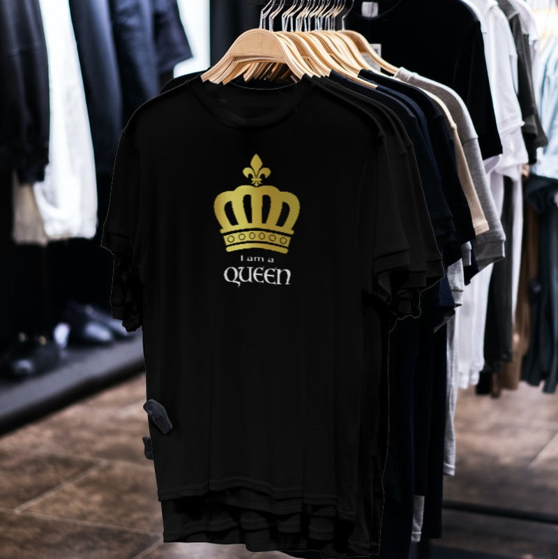 LGBTQ+ Pride Shirt - I am A Queen - Black shirts on hangers