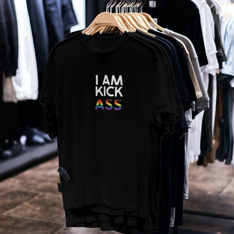 LGBTQ+ Pride Shirt - I am A Kick Ass - Black shirts on hangers