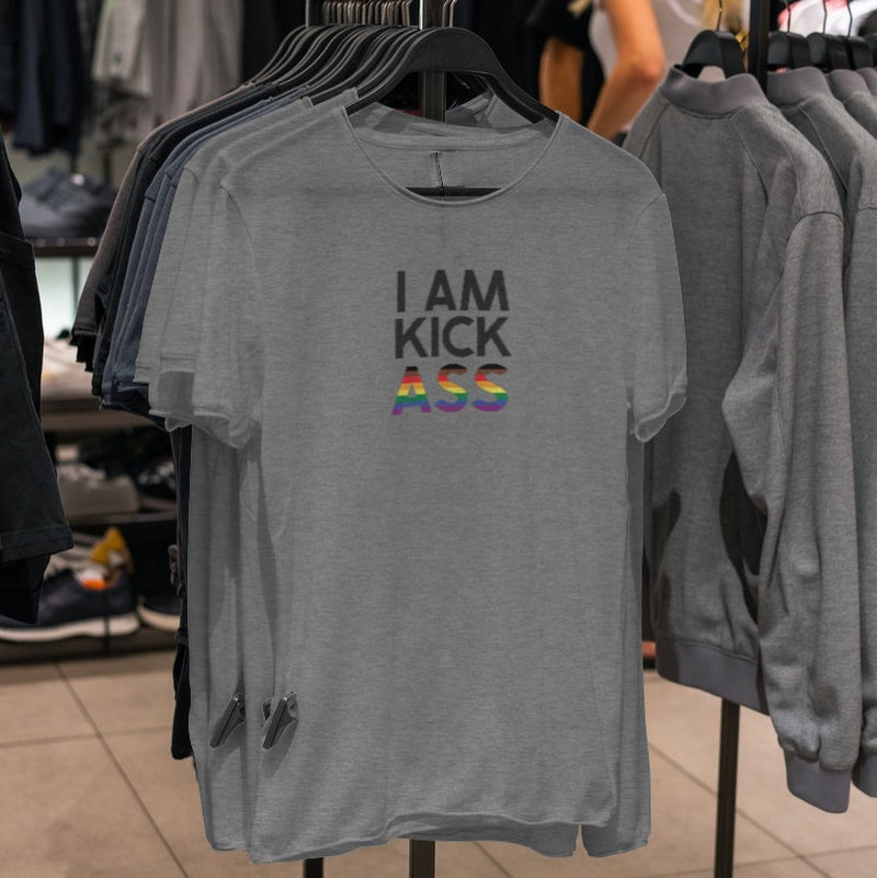 LGBTQ+ Pride Shirt - I am A Kick Ass - Heather Grey shirts on hangers