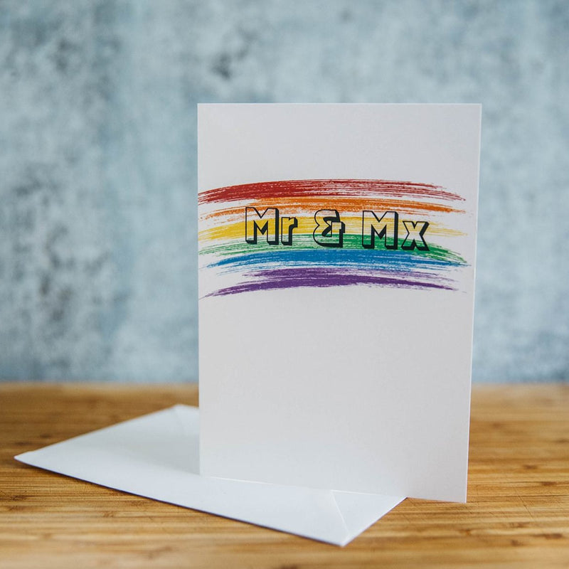 Mr & Mx Rainbow Brush Strokes Gay/Non-Binary Wedding Greeting Card