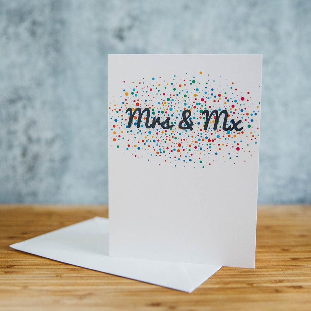 Mrs & Mx Rainbow Dots LGBTQ Wedding Greeting Card