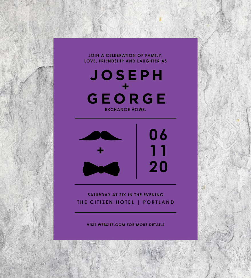 LGBTQ Mustache and Bowtie Wedding Invitation