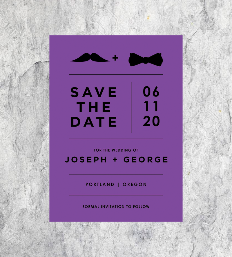 LGBTQ Mustache and Bowtie Wedding Save the Date