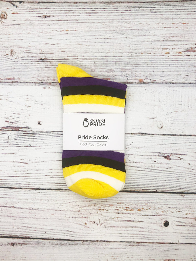 LGBTQ+ Nonbinary Pride Striped Socks Packaged
