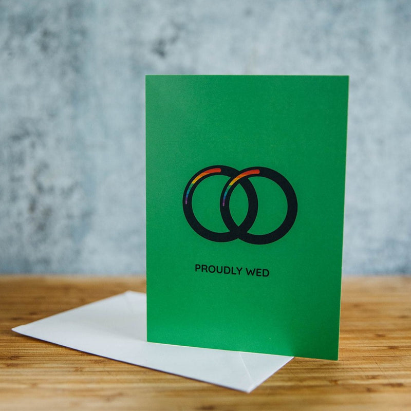 Proudly Wed Spouses Two Bands Green LGBT Wedding Greeting Card