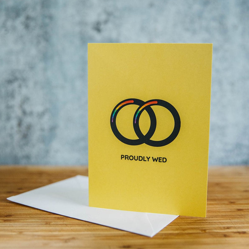 Proudly Wed Husbands Two Bands Yellow Gay Wedding Greeting Card