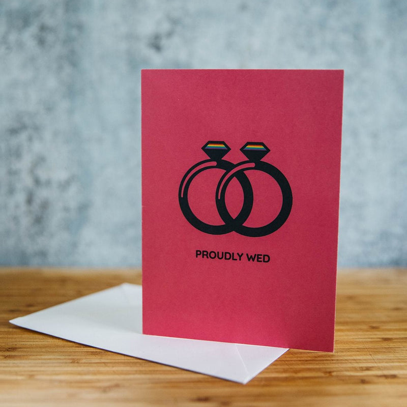 Proudly Wed Hot Pink with Two Diamonds Lesbian Wedding Greeting Card