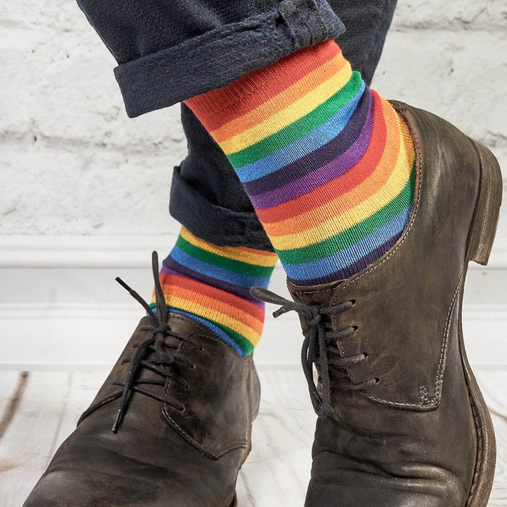 LGBTQ+ Rainbow Pride Flag Striped Socks Modeled
