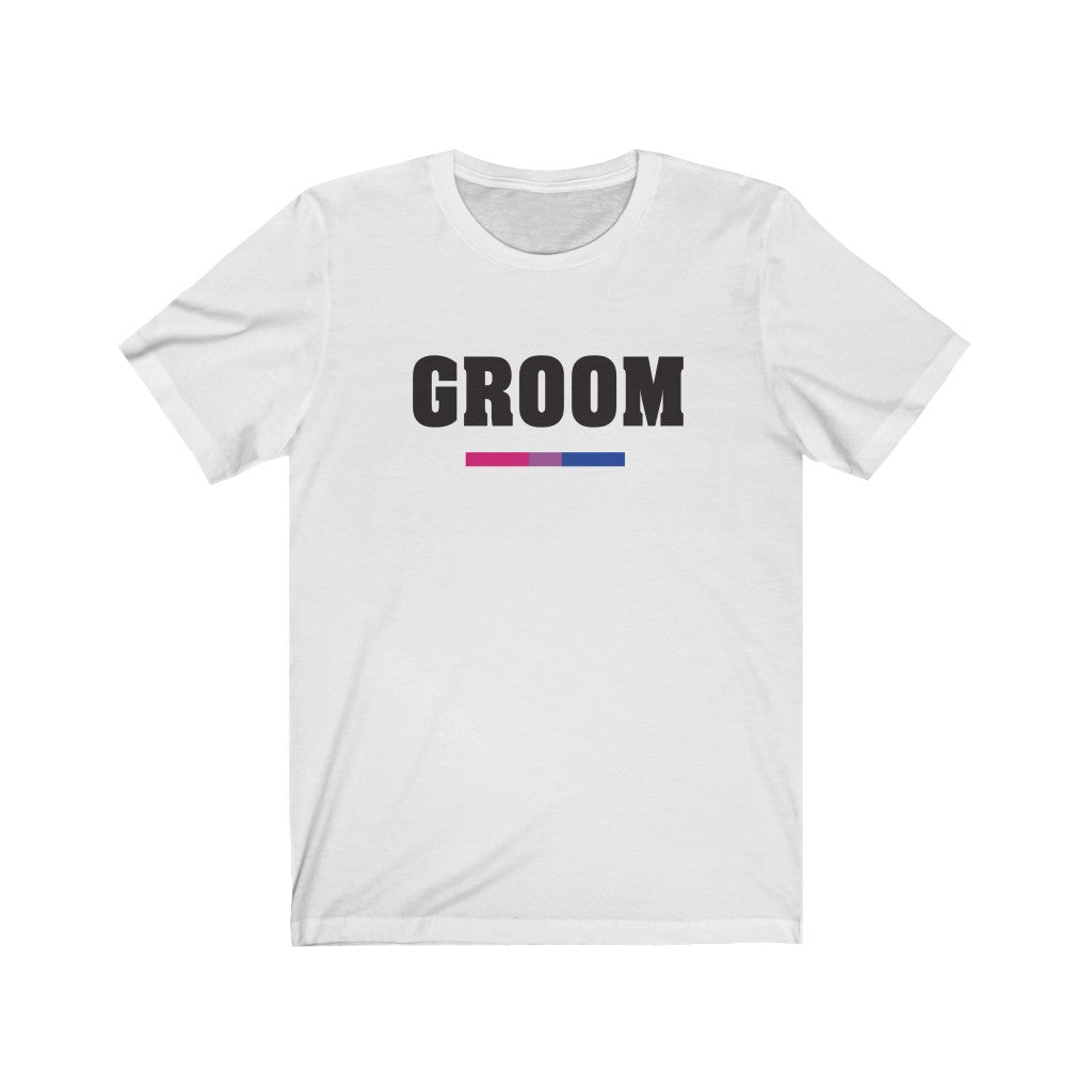 Wedding Day White Crewneck Tshirt with GROOM in Black Block Letters - Bi-sexual Pride Underline