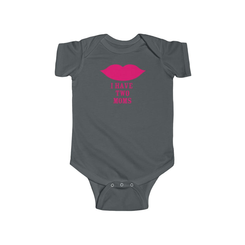 Charcoal Grey Infant Bodysuit with Cartoon Lips - I Have Two Moms in Pink Lettering