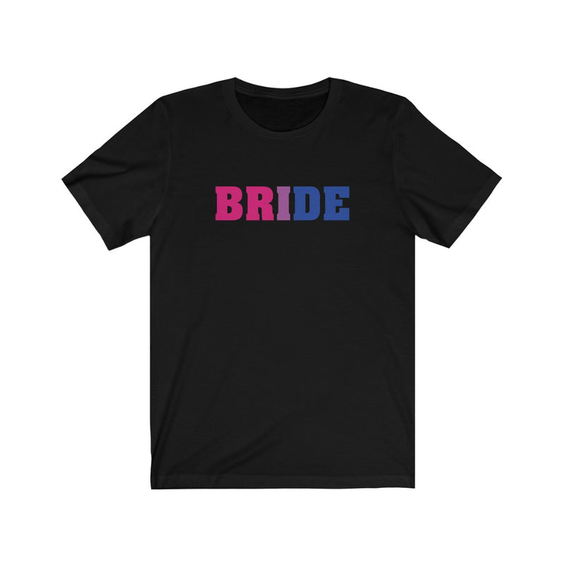 Wedding Day Black Crewneck Tshirt with BRIDE in Bi-sexual Pride Colored Block Letters 