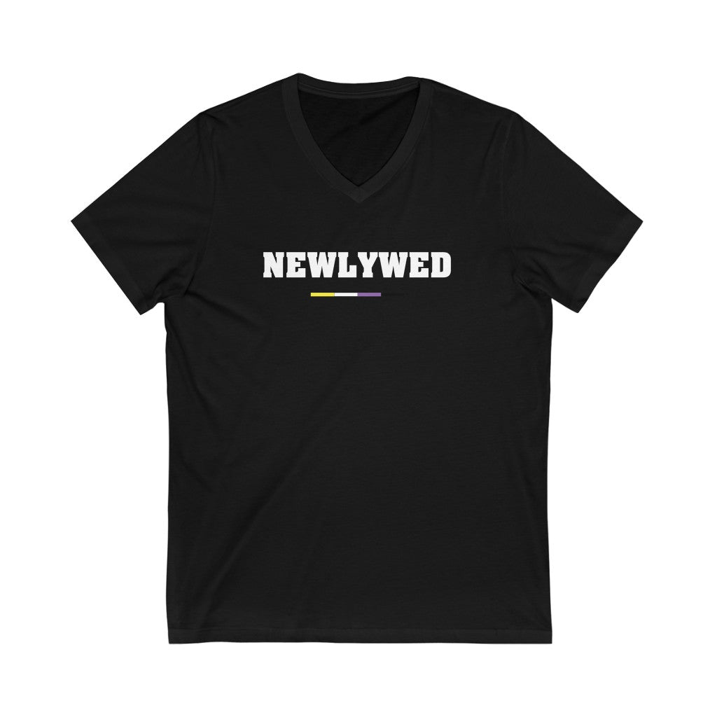 Black V-Neck Tshirt with NEWLYWED in White Block Letters - Non-Binary Pride Underline