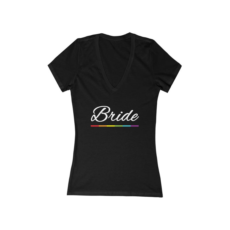 LGBTQ+ Wedding Day Black Fitted V-Neck Tshirt with Bride in White Cursive - Rainbow Underline