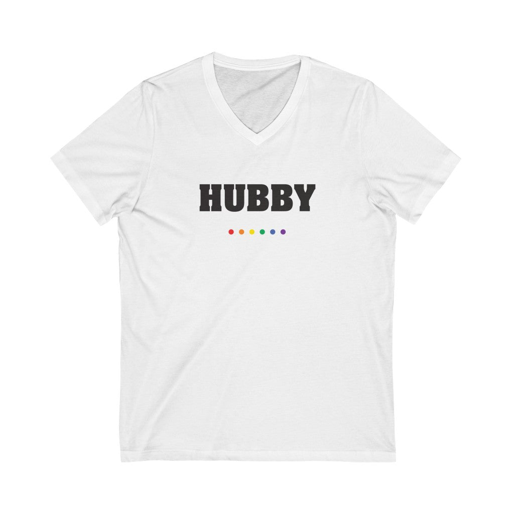 White V-Neck with HUBBY in Black Block Letters - LGBTQ+ Rainbow Dot Underline