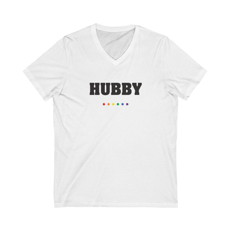 White V-Neck with HUBBY in Black Block Letters - LGBTQ+ Rainbow Dot Underline