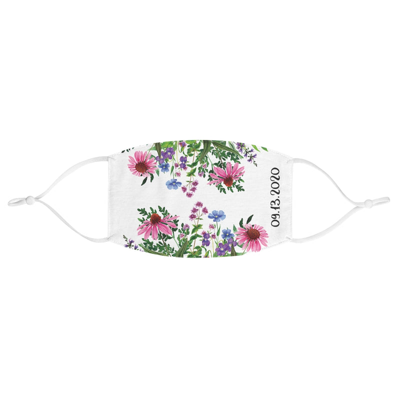 White Fabric Face Mask with Floral Print and Customizable Event Date - Adjustable Ear Loops