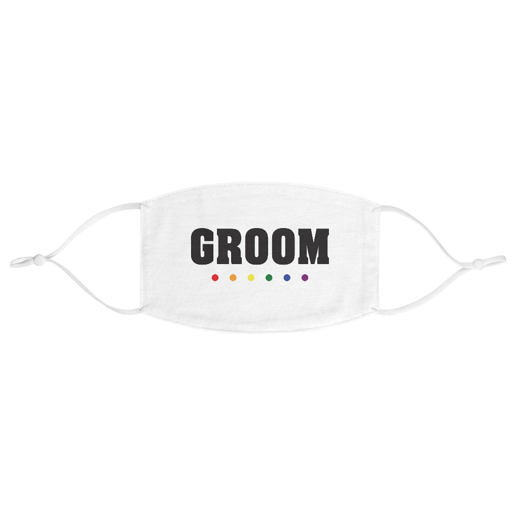 Wedding Day White Fabric Face Mask - GROOM in Black Block Letters - Rainbow Dot Underline