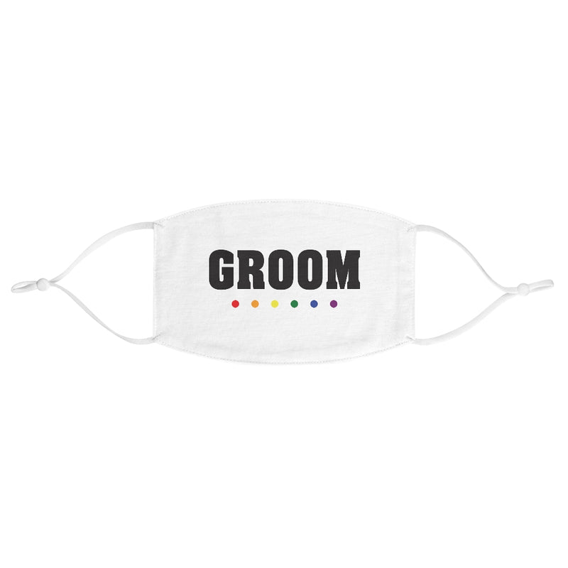 Wedding Day White Fabric Face Mask - GROOM in Black Block Letters - Rainbow Dot Underline