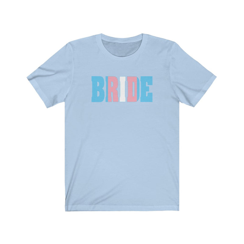 Wedding Day Baby Blue Crewneck Tshirt with BRIDE in Transgender Pride Colored Block Letters