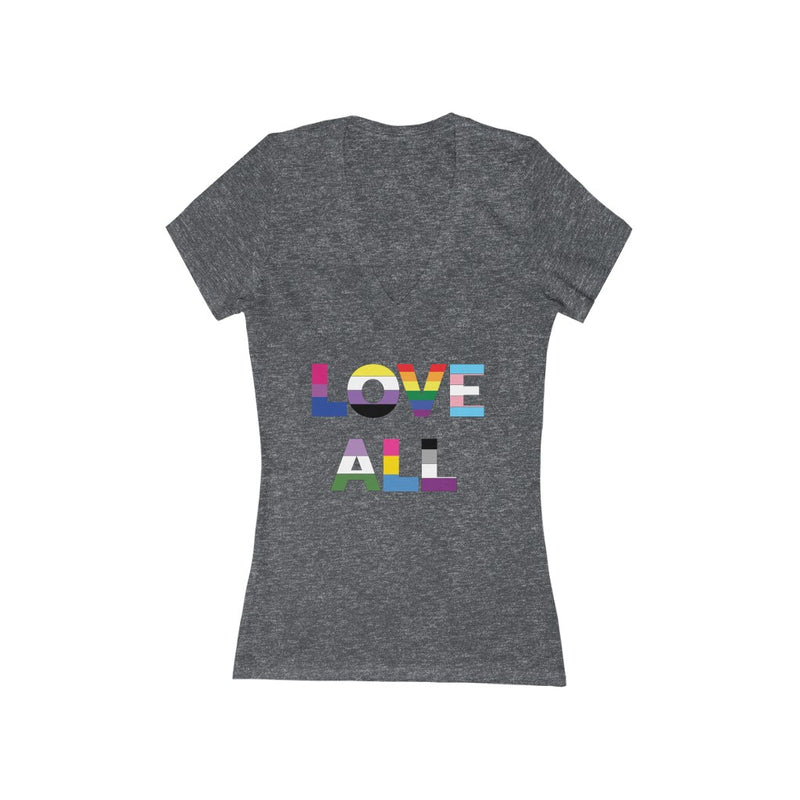 Dark Grey Heather V-Neck Tshirt with Love All in LGBTQ+ Rainbow Block Letters