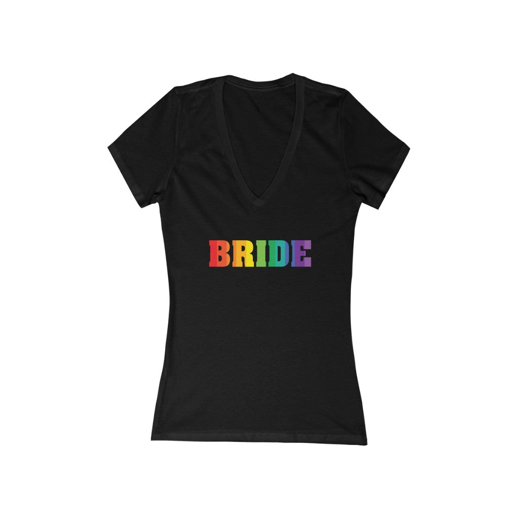 LGBTQ+ Wedding Day Black Fitted V-Neck Tshirt with BRIDE in Vertical Stripe Rainbow Pride Block Letters