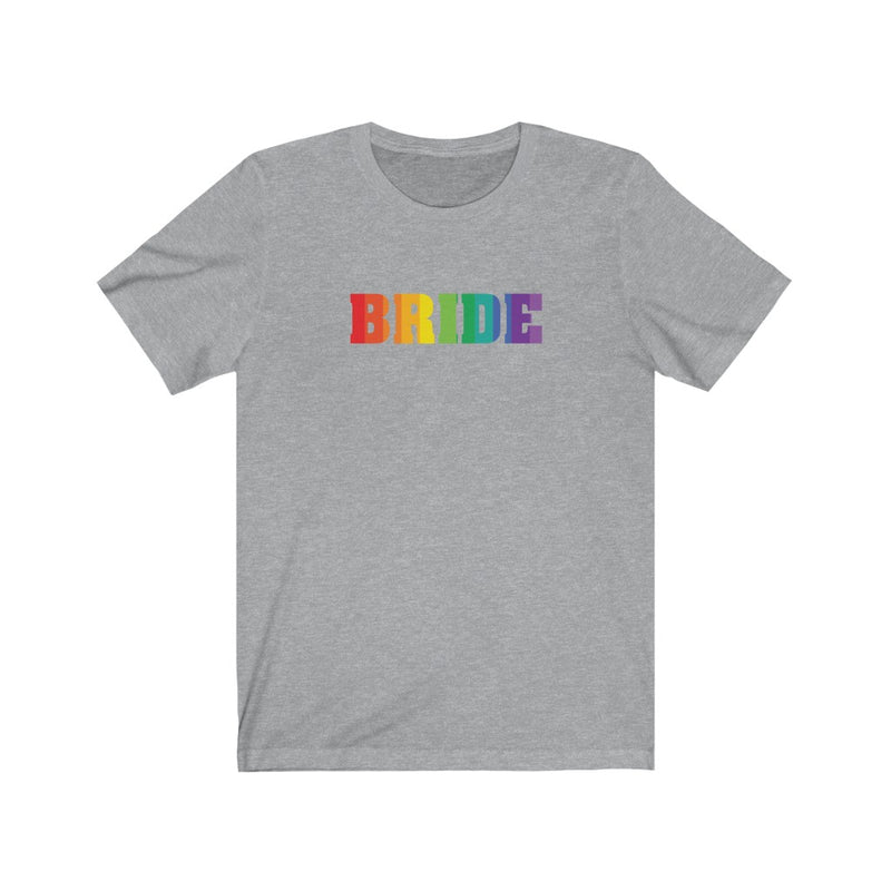 LGBTQ+ Wedding Day Athletic Heather Grey Crewneck Tshirt with BRIDE in Vertical Stripe Rainbow Pride Colored Block Letters
