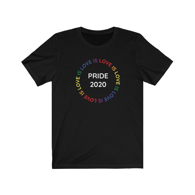 Black Crewneck Tshirt with Love Is Love Rainbow Circle - LGBTQ+ Pride 2020