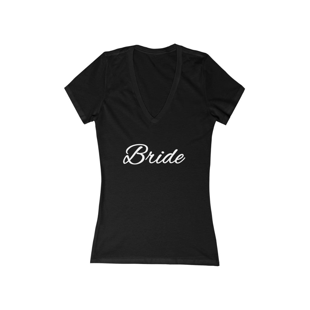 Wedding Day Fitted Black V-neck Tshirt with Bride in White Cursive 