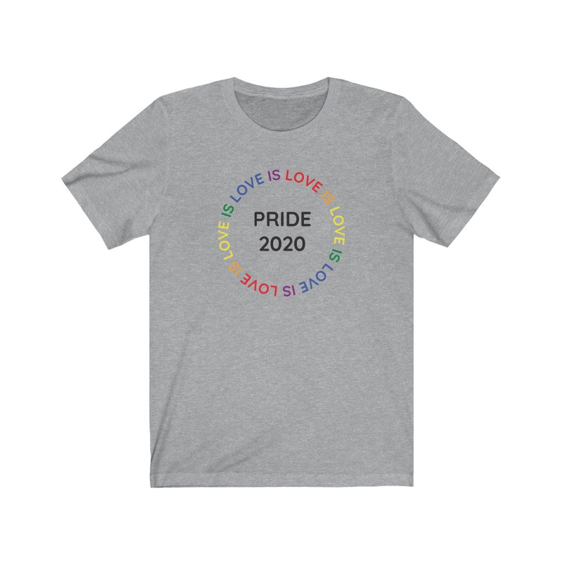 Athletic Heather Grey Crewneck Tshirt with Love Is Love Rainbow Circle - LGBTQ+ Pride 2020
