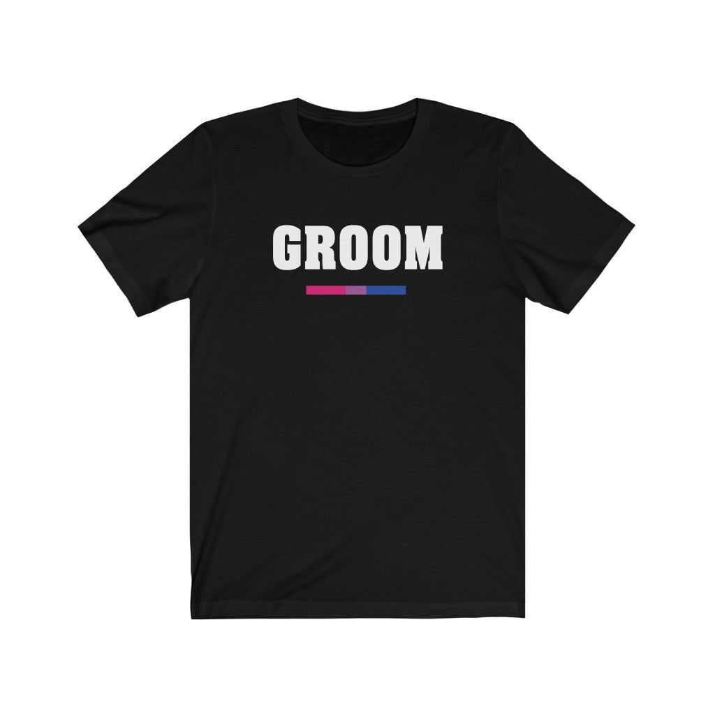Wedding Day Black Crewneck Tshirt with GROOM in White Block Letters - Bi-sexual Pride Underline