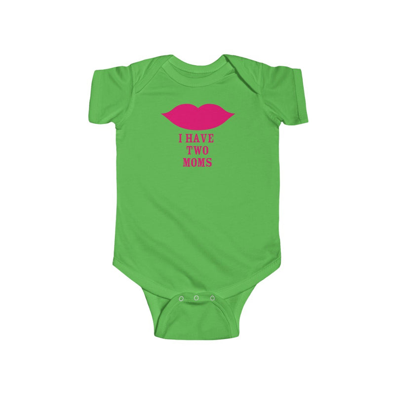 Apple Green Infant Bodysuit with Cartoon Lips - I Have Two Moms in Pink Lettering