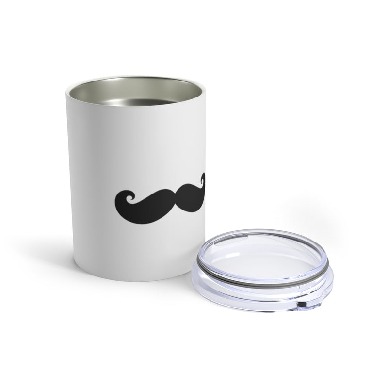 Stainless Steel White Tumbler With a Black Mustache - Front View with Lid Off