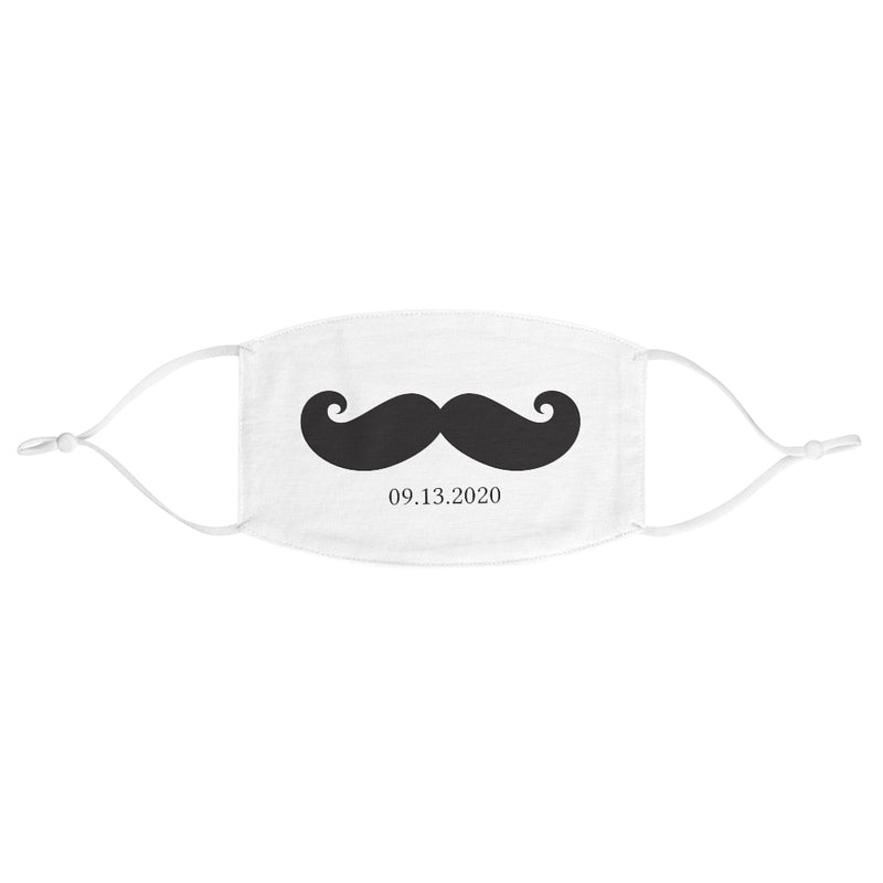White Fabric Face Mask - Adjustable Ear Loops - Black Mustache - Customizable Date