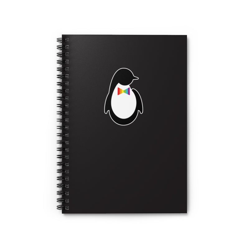 Black Spiral Bound Notebook with Dash of Pride Penguin Logo - Lying Flat