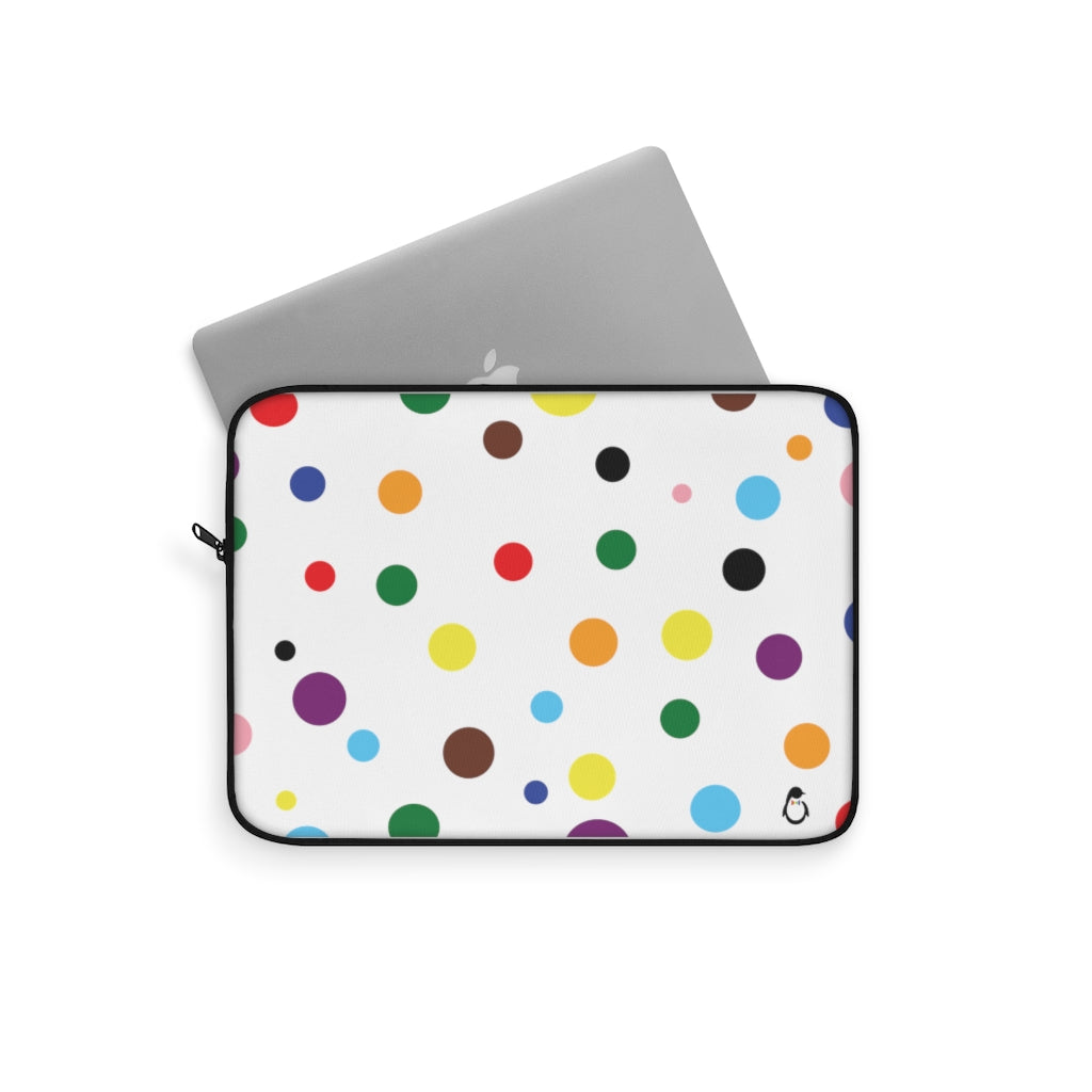 White Laptop Sleeve with LGBT Pride Rainbow Dots and Black Edges - Laptop Peeking Out